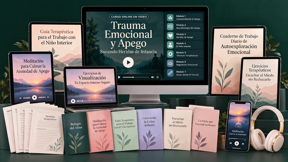 Curso Trauma Emocional y Apego – Sanando Heridas de Infancia: monitor con las clases en video, guías, meditaciones y cuadernos