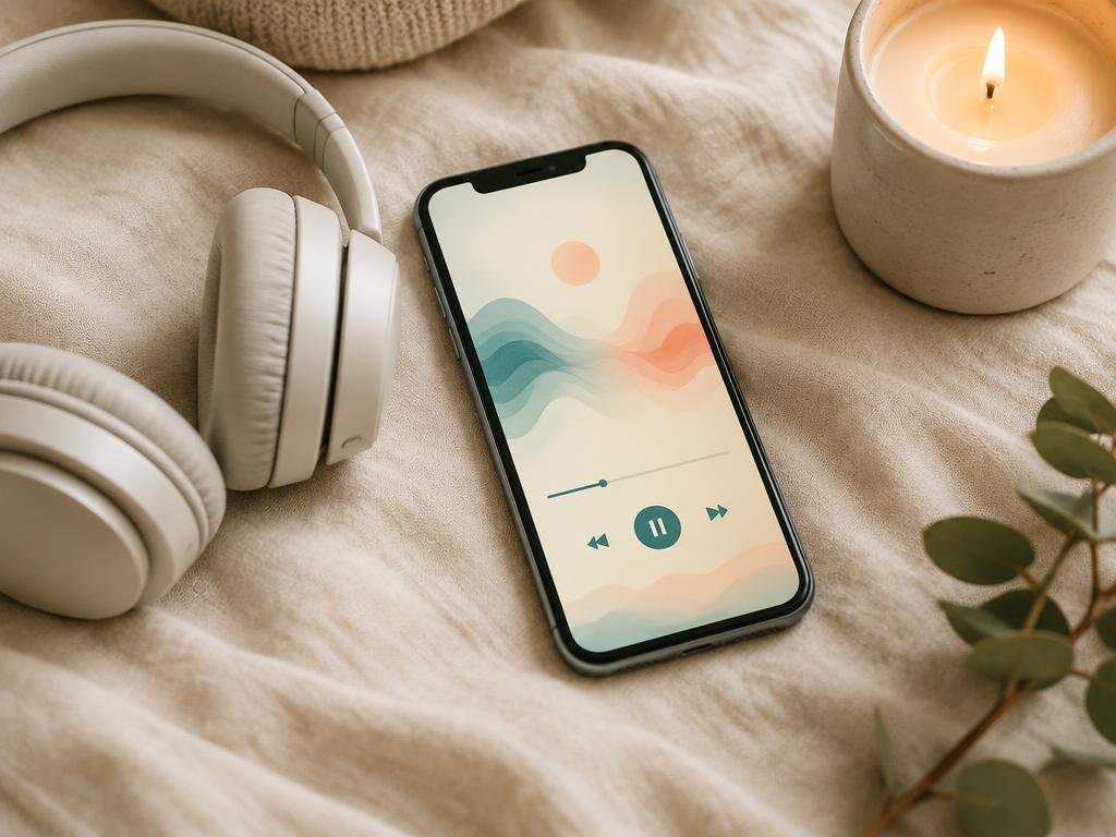 Audio de meditación terapéutica en el móvil con auriculares y una vela