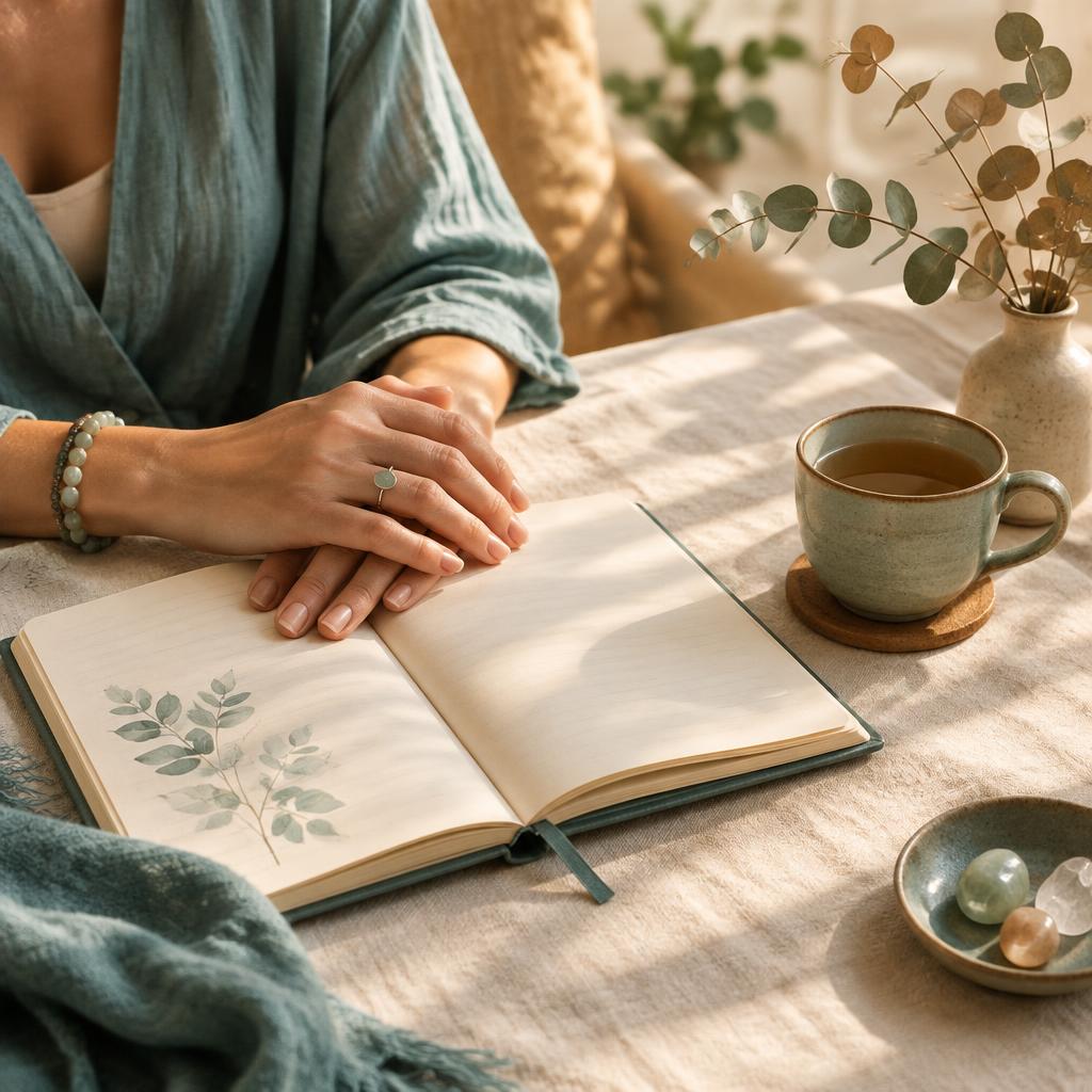 Manos sobre un cuaderno terapéutico junto a una taza de té en un espacio tranquilo